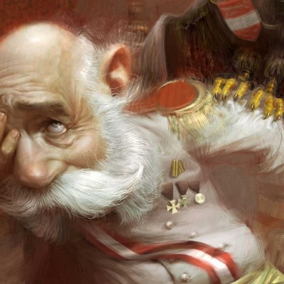 Ausschnitt Karikatur von Franz Josef I, sitzend auf Throne, Weltkrieg I