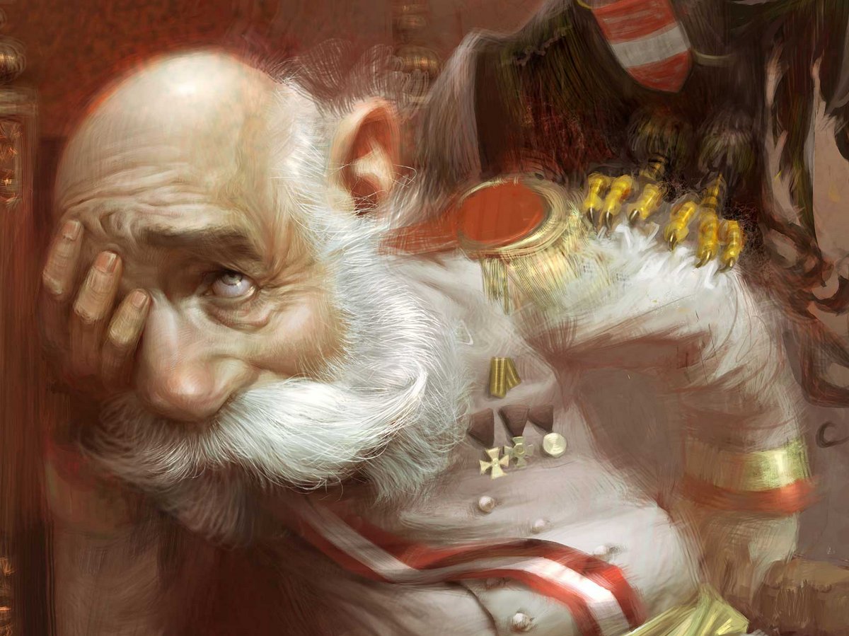 Ausschnitt Karikatur von Franz Josef I, sitzend auf Throne, Weltkrieg I