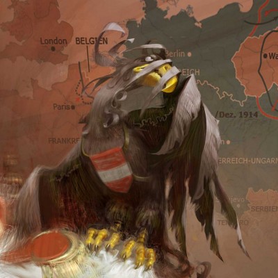 Ausschnitt Karikatur von Franz Josef I, sitzend auf Throne, Weltkrieg I