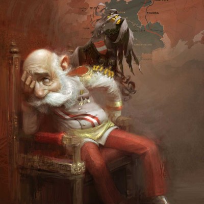 Eine Karikatur von Franz Josef I, sitzend auf Throne, Weltkrieg I