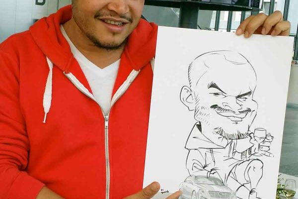 Schnellzeichner auf Messe, Karikatur auf Papier