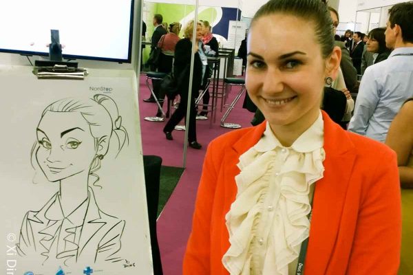 Schnellzeichner auf Messe, Karikatur auf Papier