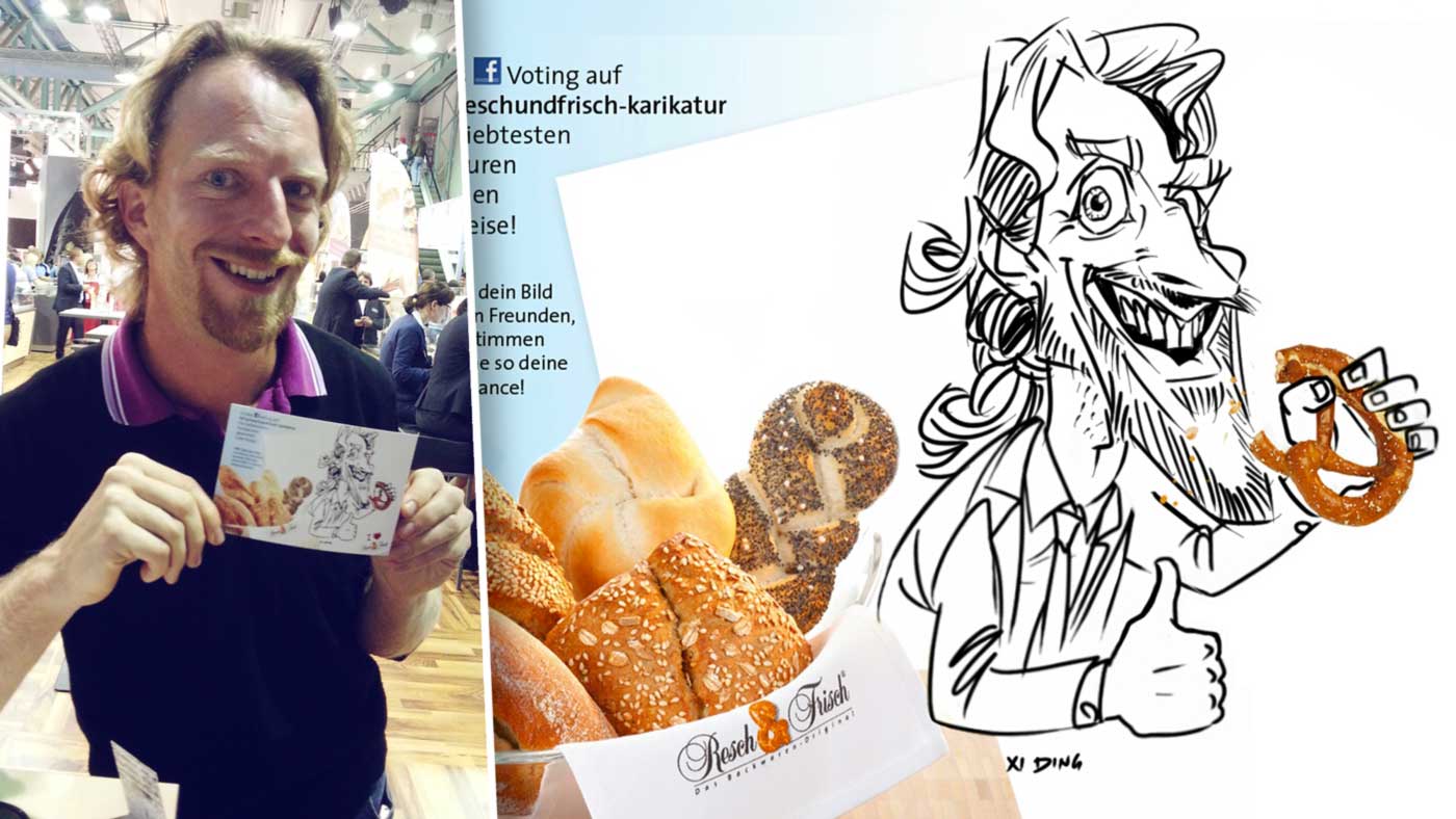 Schnellzeichner auf Messe, Digital Karikatur, Ausdruck vor Ort